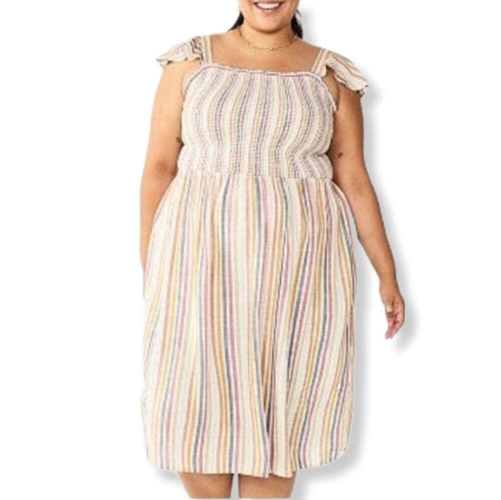 Earthy Neutral Smocked Colorful Stripe Midi Sundress 4X Cottage Beach Casual NEW